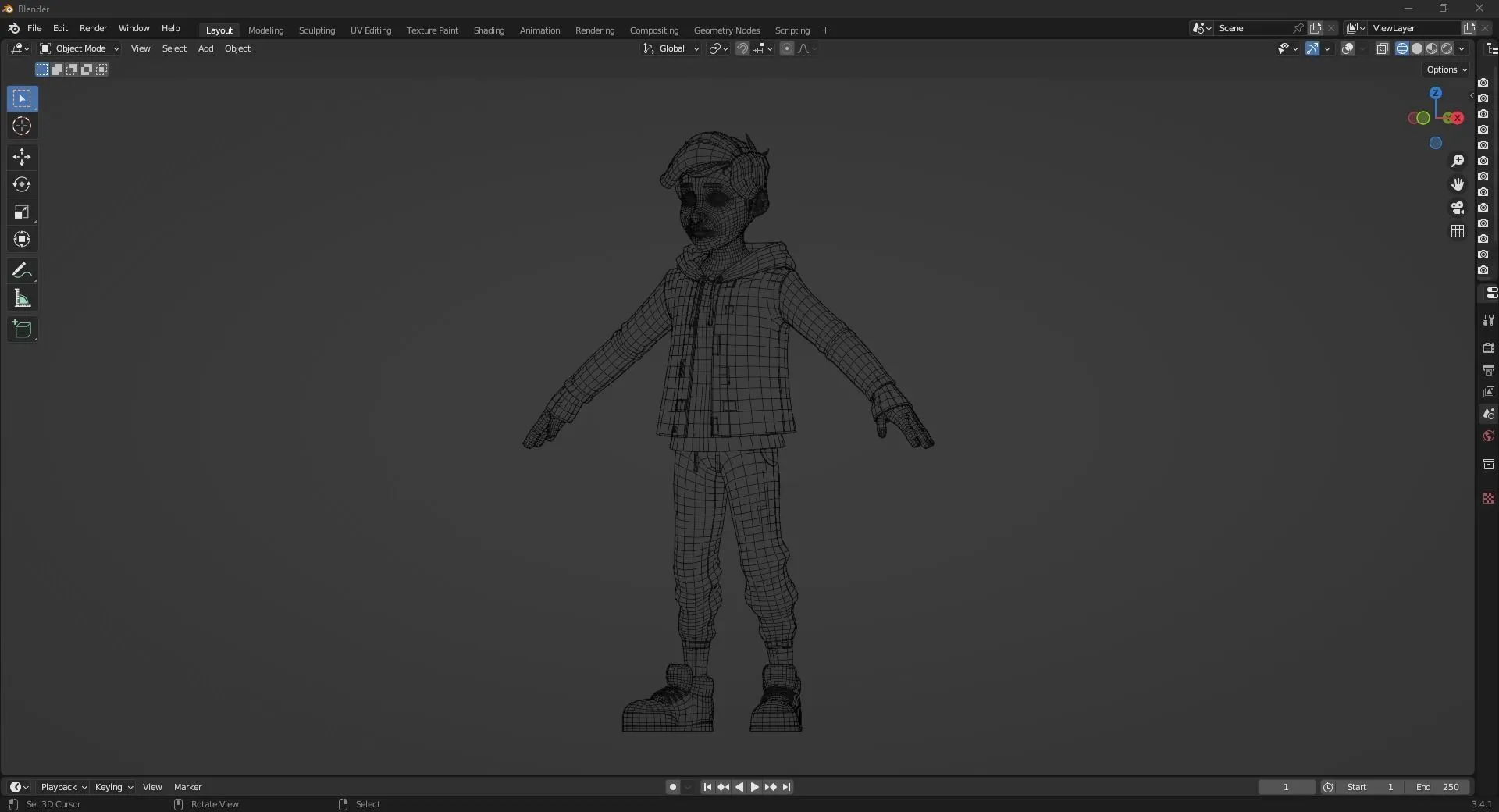 Cartoon Boy Teen low-poly quad topology wireframe mesh